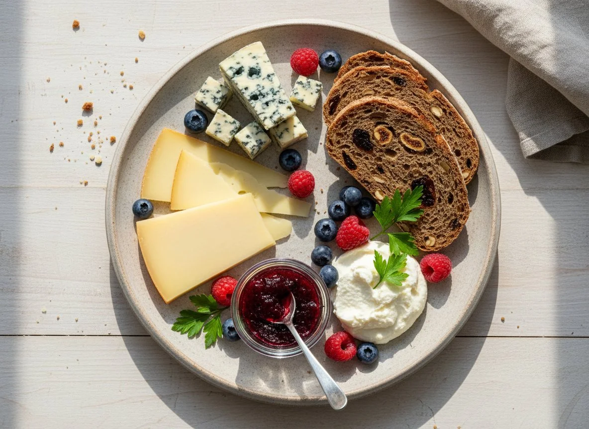 Käseplatte mit Früchten und Brot photo