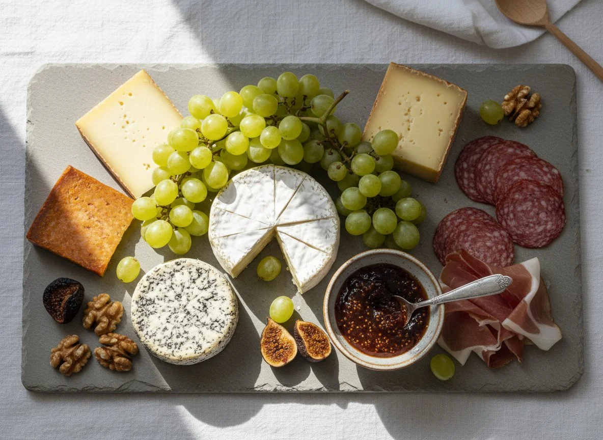 Käseplatte mit Früchten und Nüssen photo