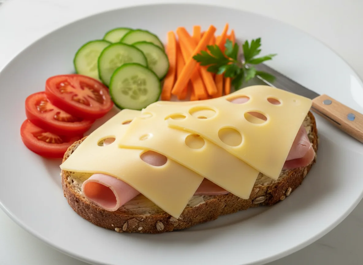 Käse-Schinken-Brot mit Gemüse photo