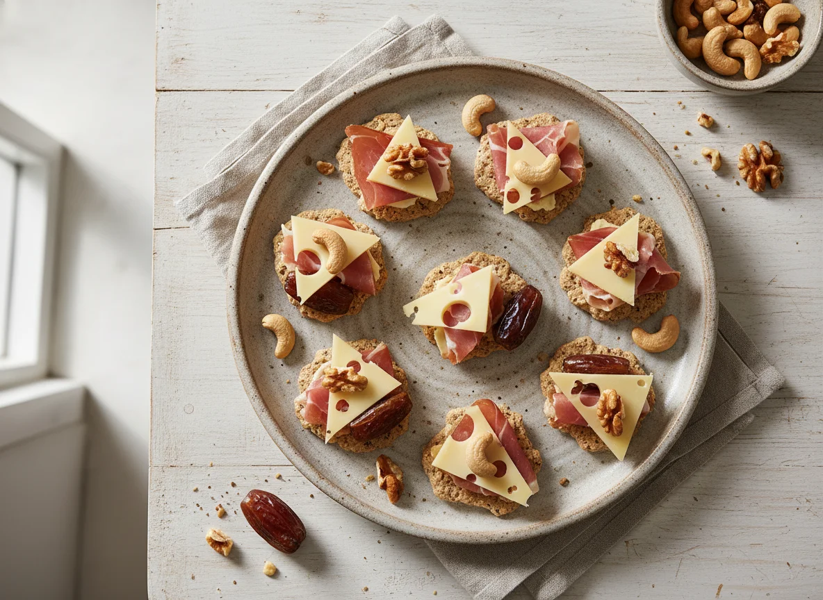 Käse-Schinken-Cracker mit Dattel und Nüssen photo