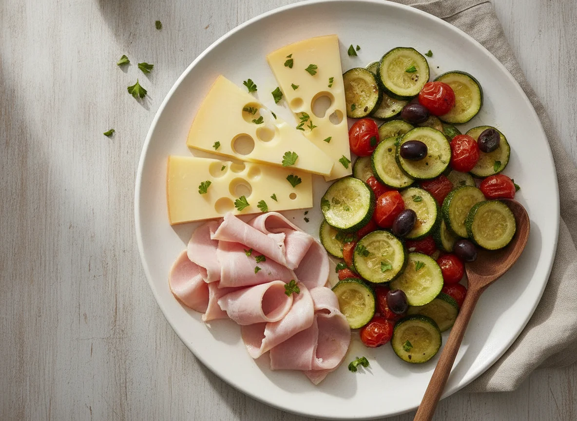 Käse-Schinken-Platte mit Zucchinigemüse photo