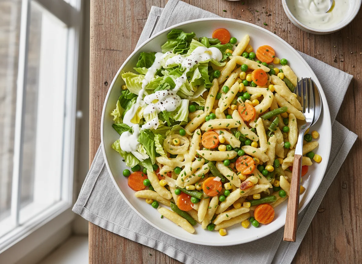 Käsespätzle mit Gemüse und Salat photo