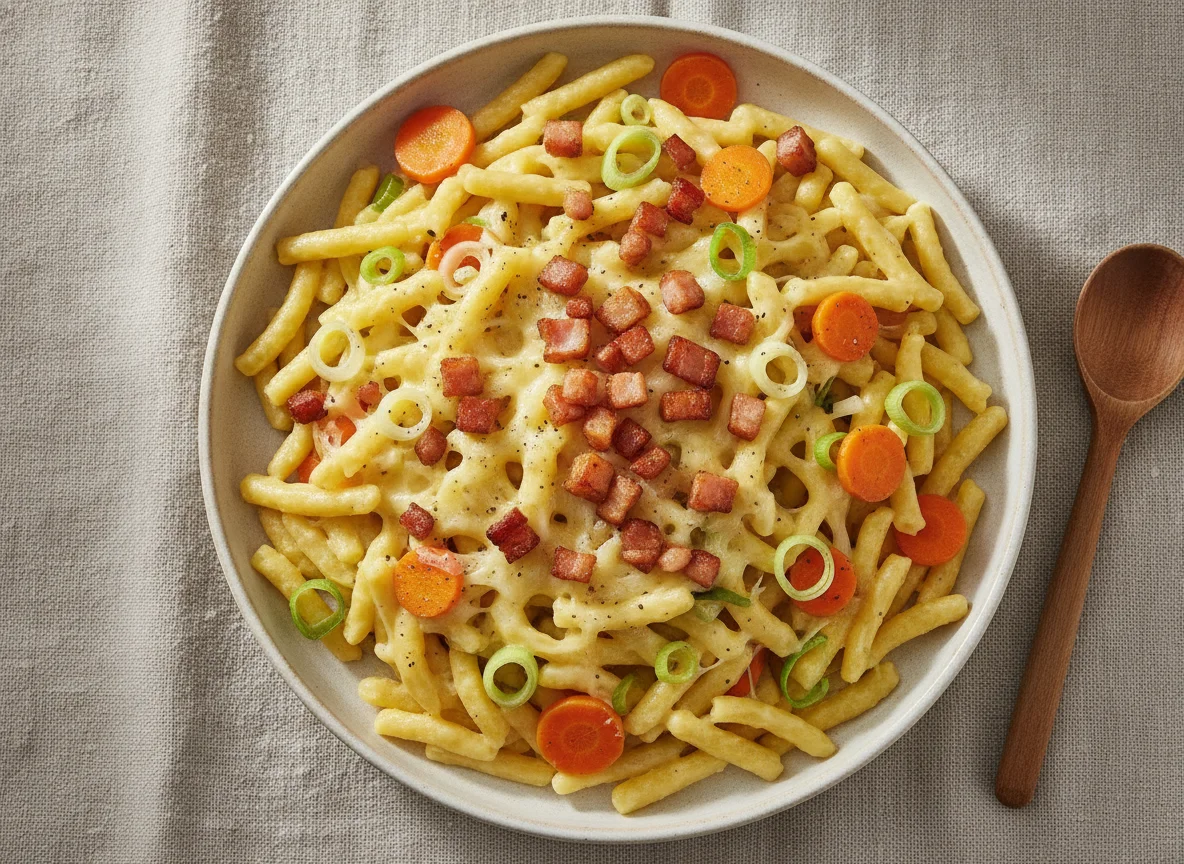 Käsespätzle mit Gemüse und Speck photo