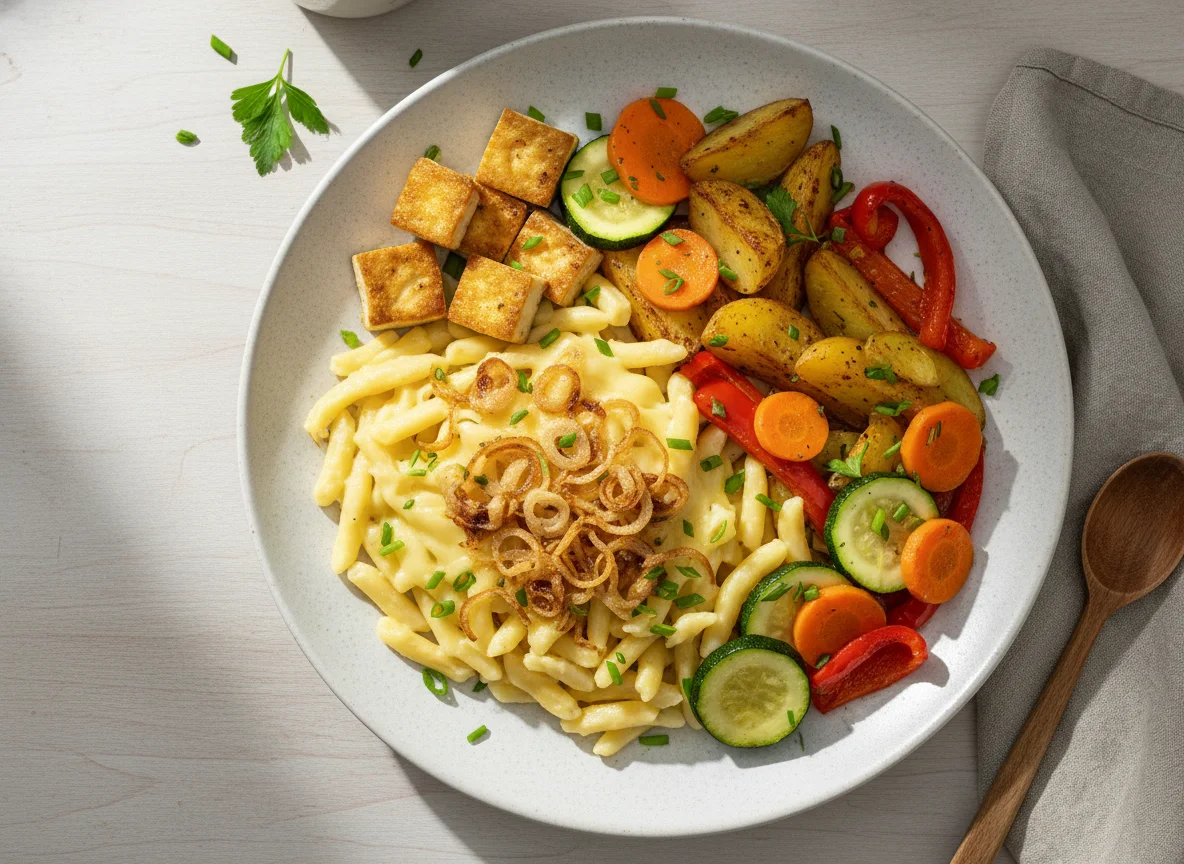 Käsespätzle mit Gemüse und Tofu photo
