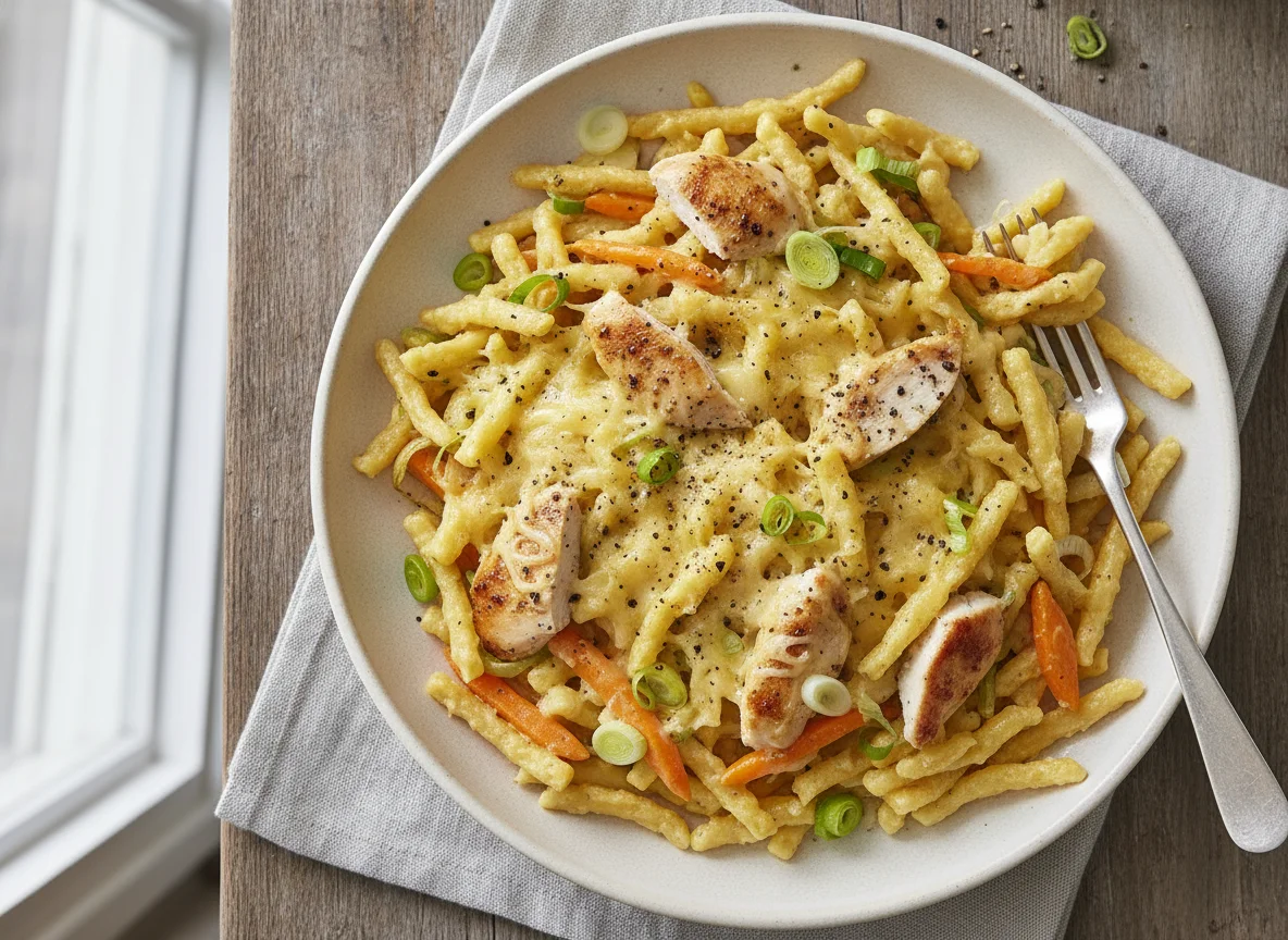 Käsespätzle mit Hähnchen und Gemüse photo