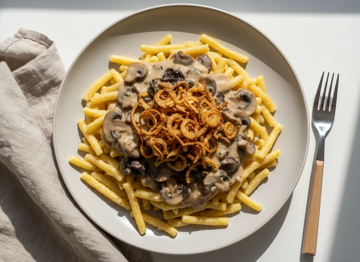 Käsespätzle mit Pilzrahmsoße und Röstzwiebeln photo