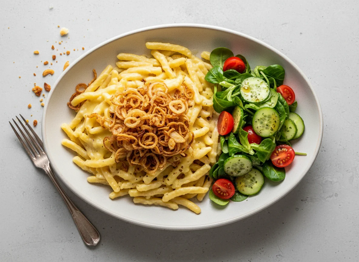 Käsespätzle mit Röstzwiebeln und Beilagensalat photo