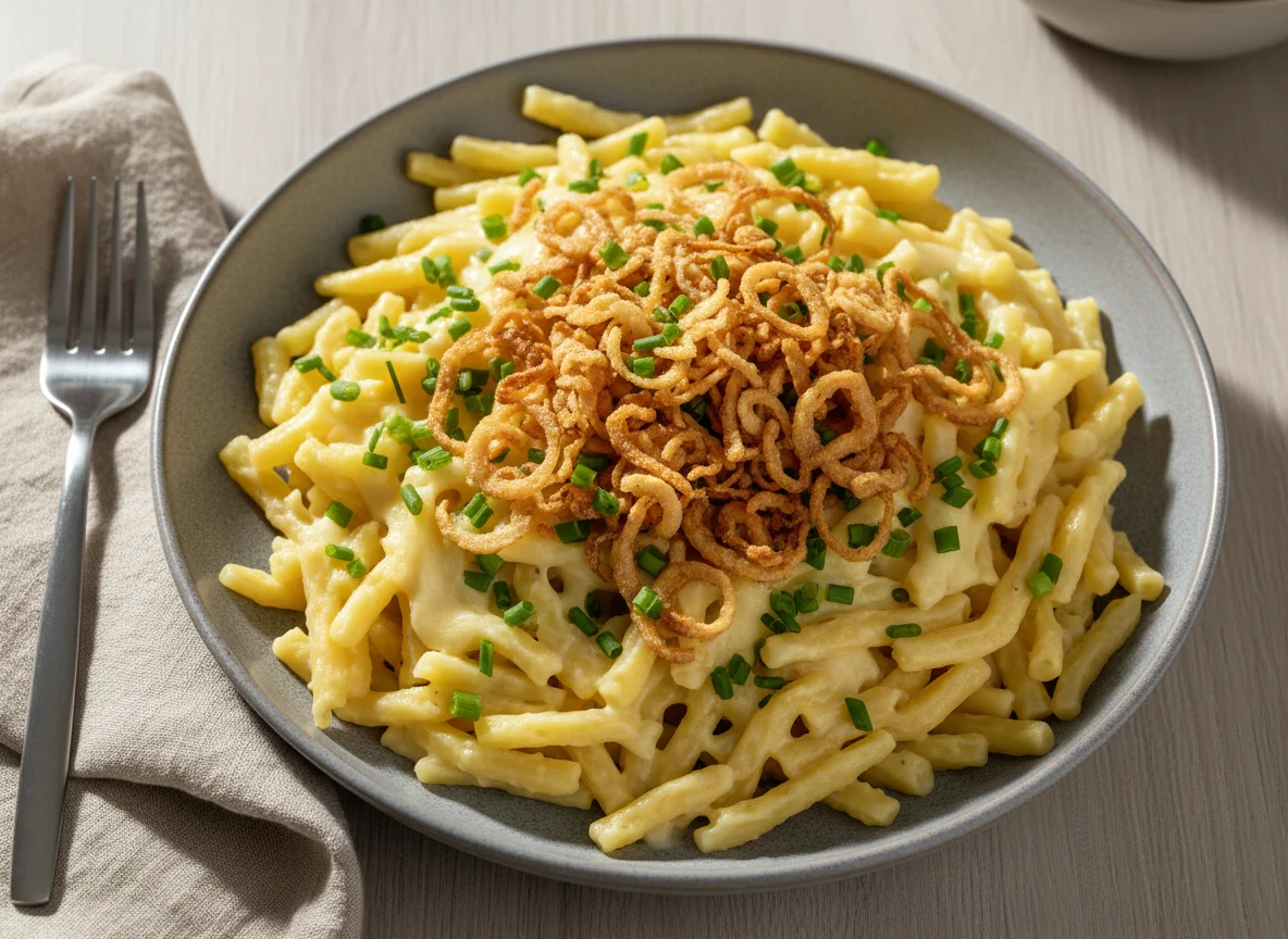 Käsespätzle mit Röstzwiebeln und Schnittlauch photo