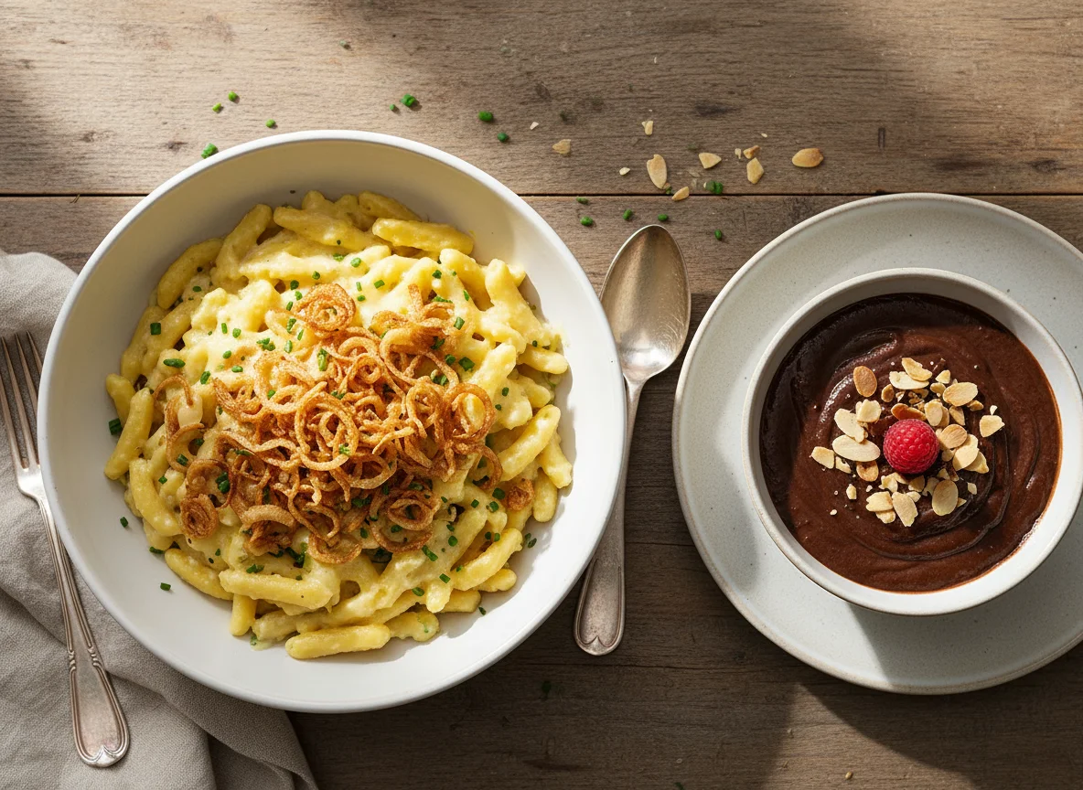Käsespätzle mit Röstzwiebeln und Schokopudding photo