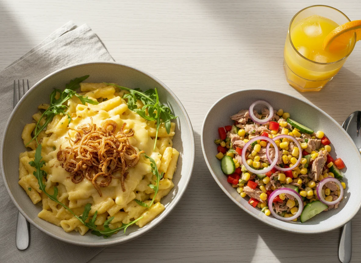 Käsespätzle mit Rucola und Röstzwiebeln, Thunfischsalat und Orangensaft photo