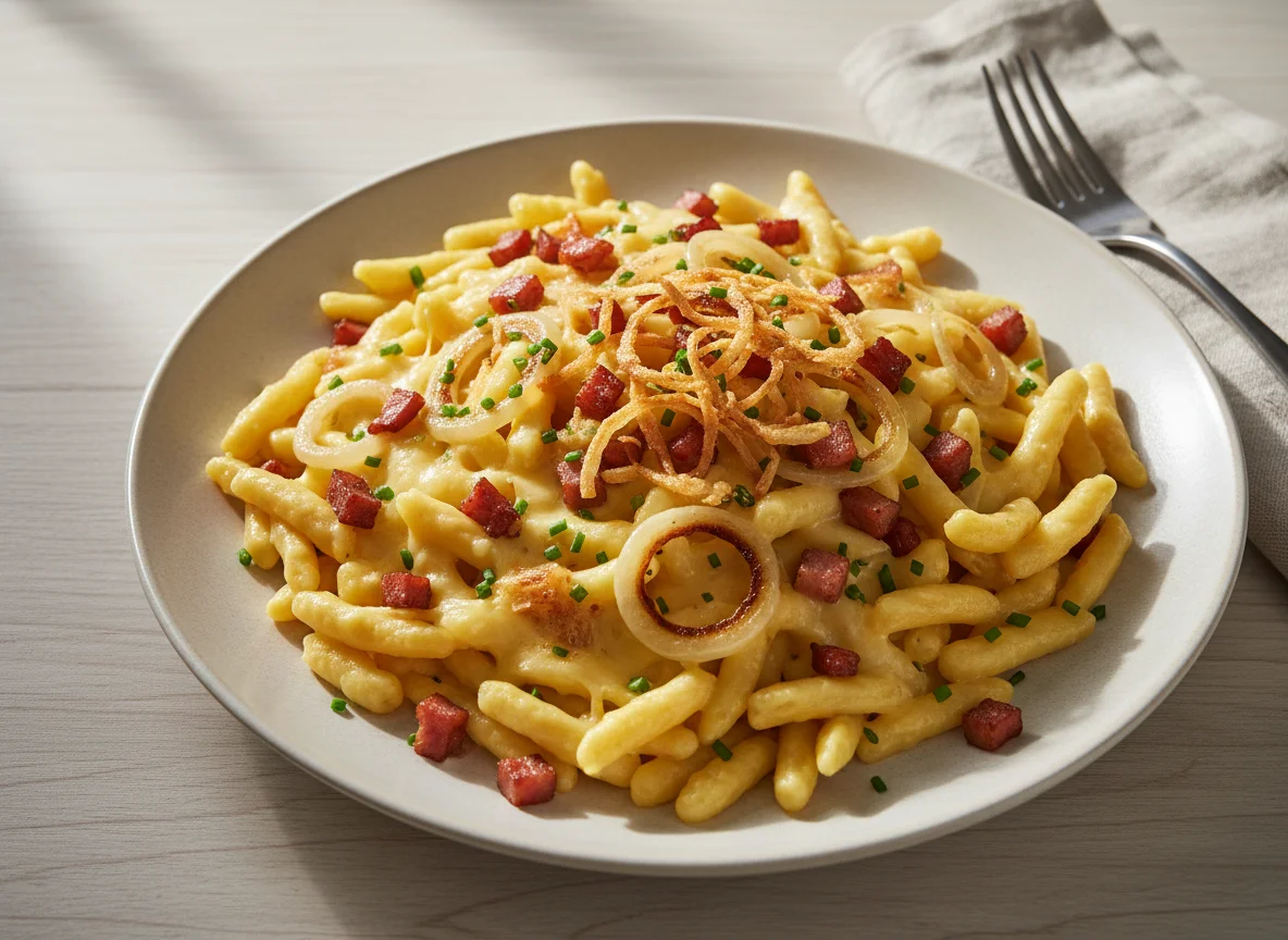Käsespätzle mit Speck und Zwiebeln photo
