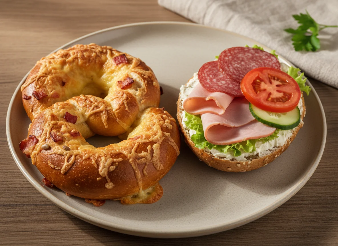 Käse-Speck-Brezel und belegtes Brötchen photo