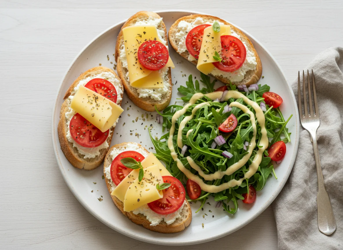 Käse-Tomaten-Brot mit Rucola-Salat photo