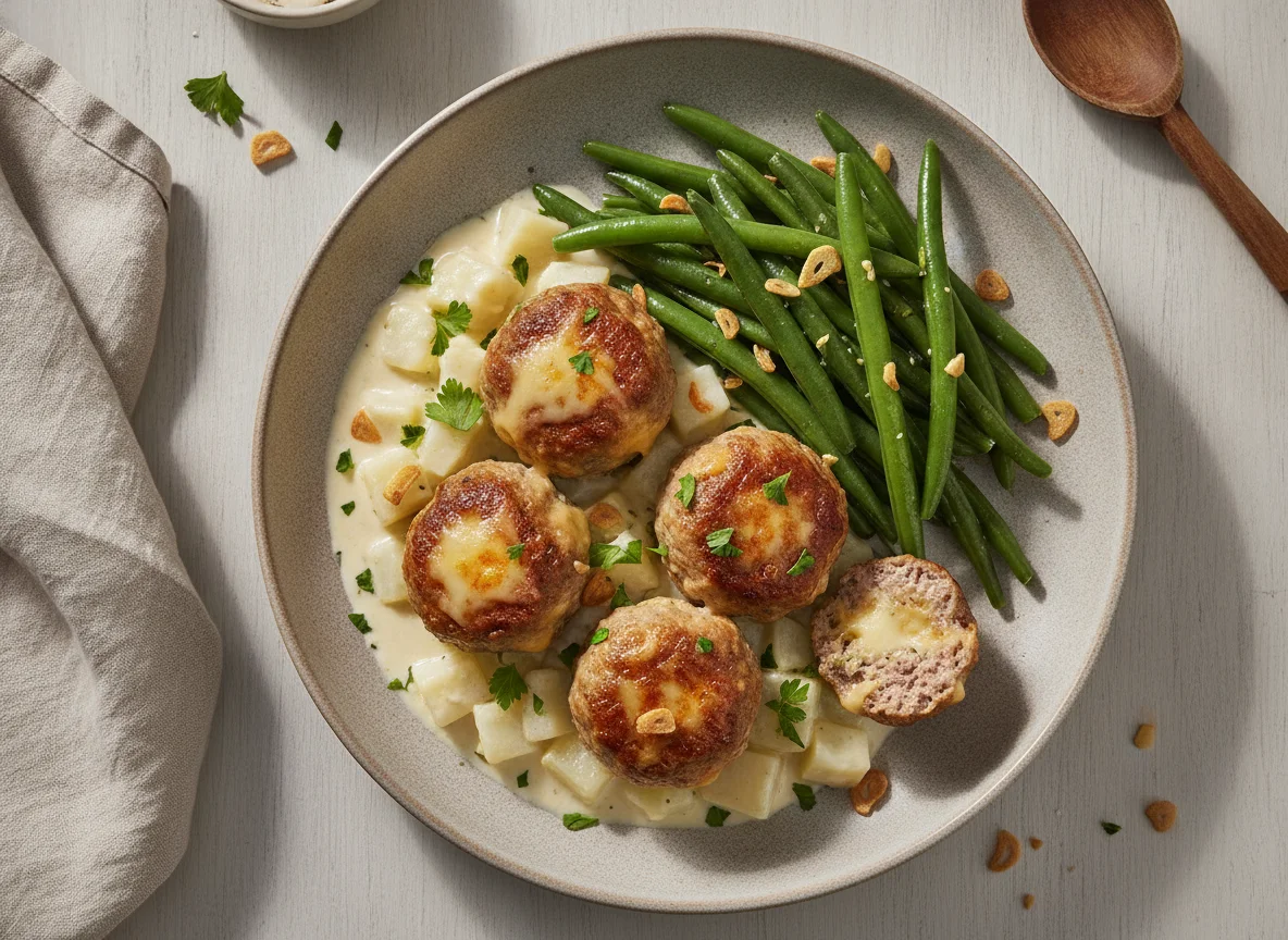 Käsige Hackbällchen mit Rahmkohlrabi und Buschbohnen photo