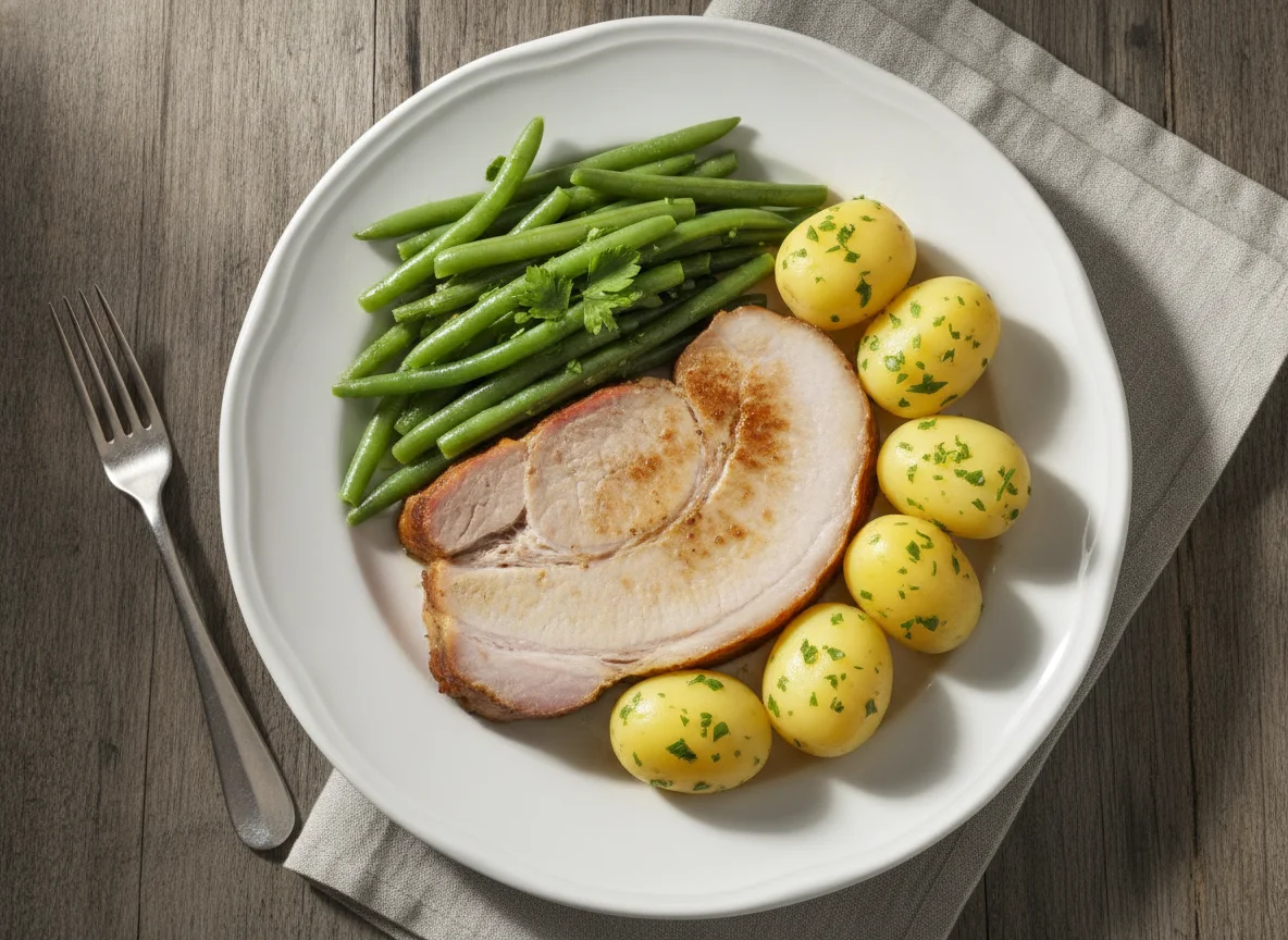 Kassler mit grünen Bohnen und Salzkartoffeln photo