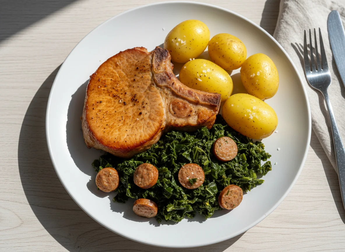 Kassler mit Grünkohl und Kartoffeln photo