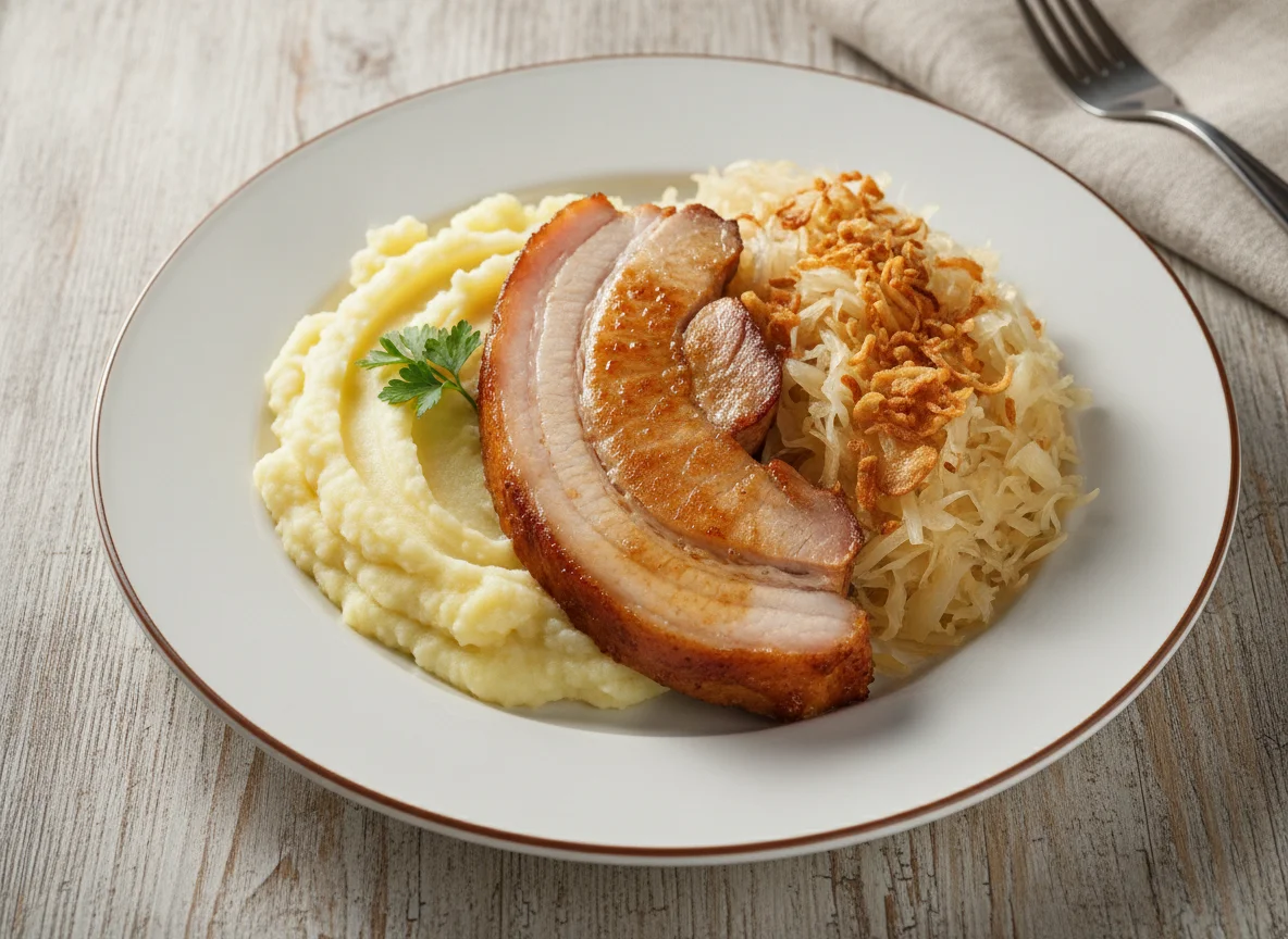 Kassler mit Kartoffelbrei, Sauerkraut und Röstzwiebeln photo