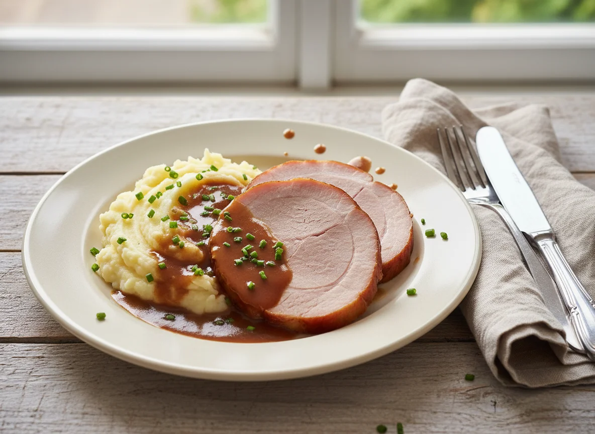 Kassler mit Kartoffelbrei und Soße photo