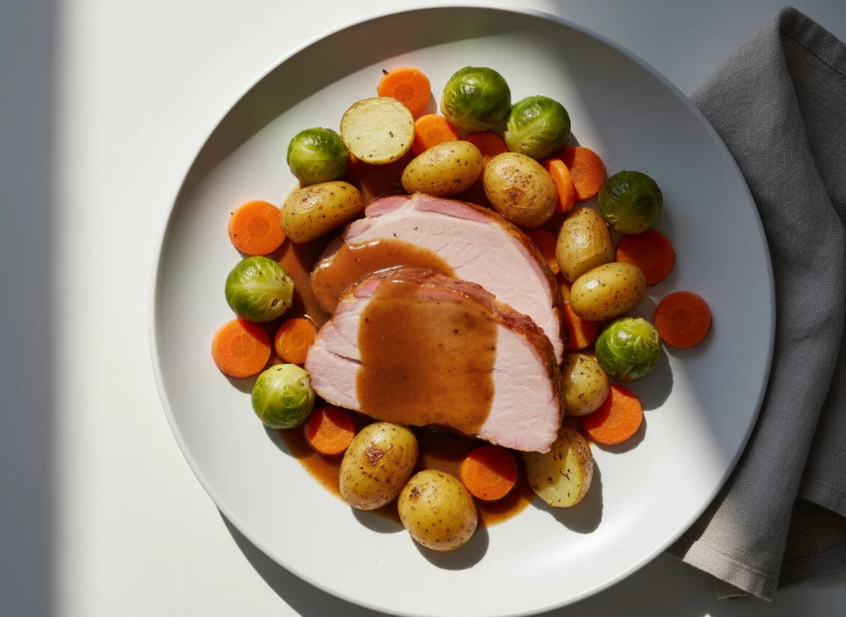 Kassler mit Kartoffeln und Gemüse photo