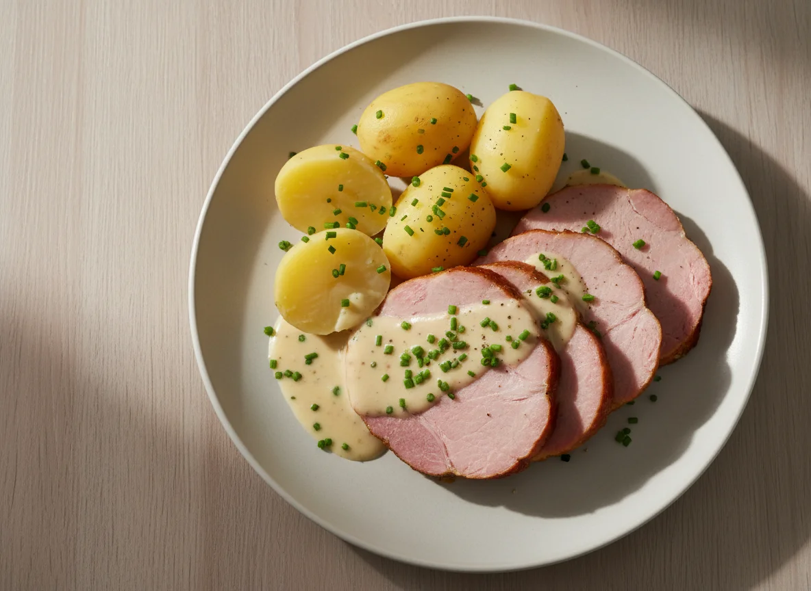 Kassler mit Kartoffeln und Soße photo