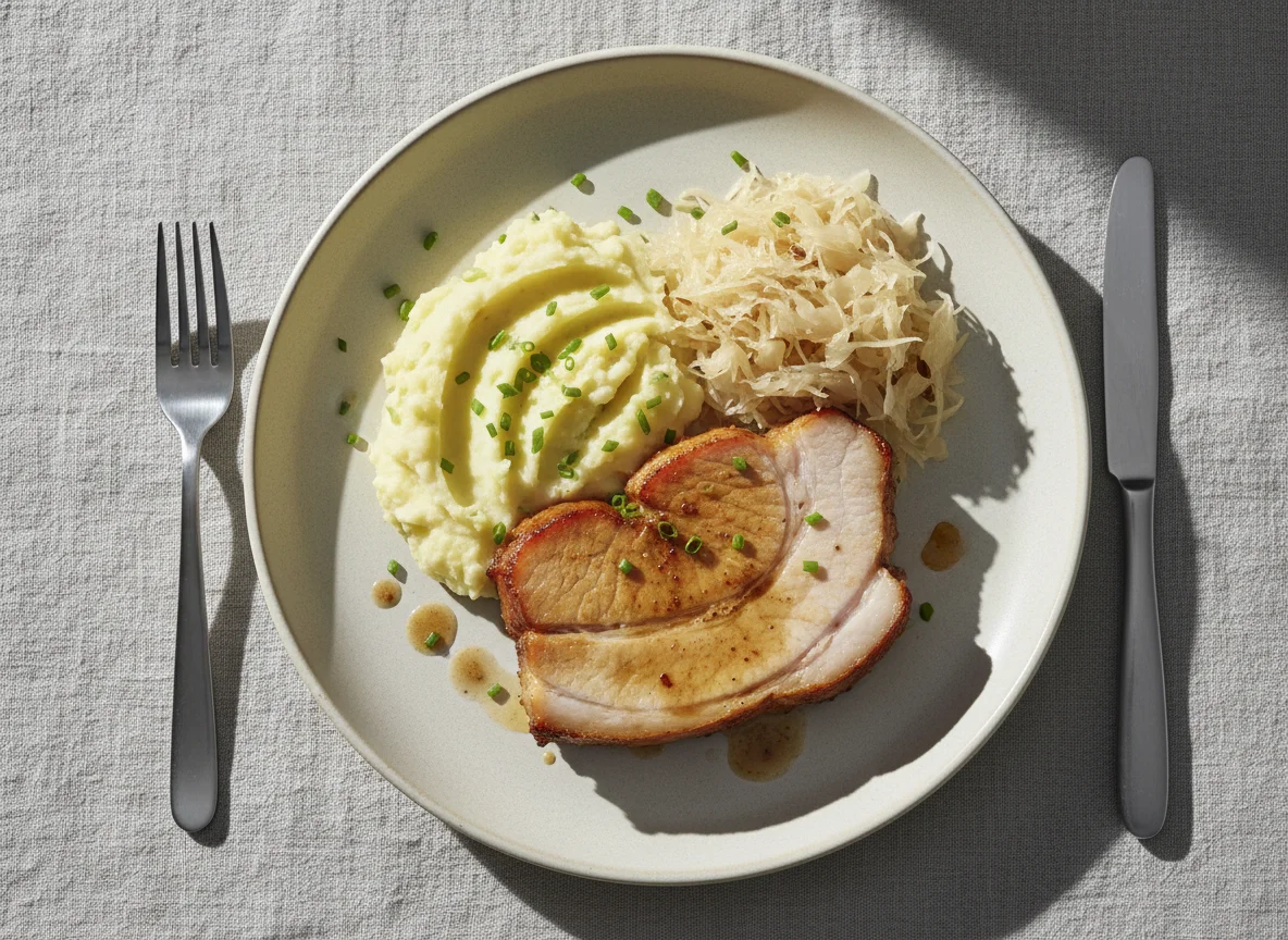 Kassler mit Kartoffelpüree und Sauerkraut photo
