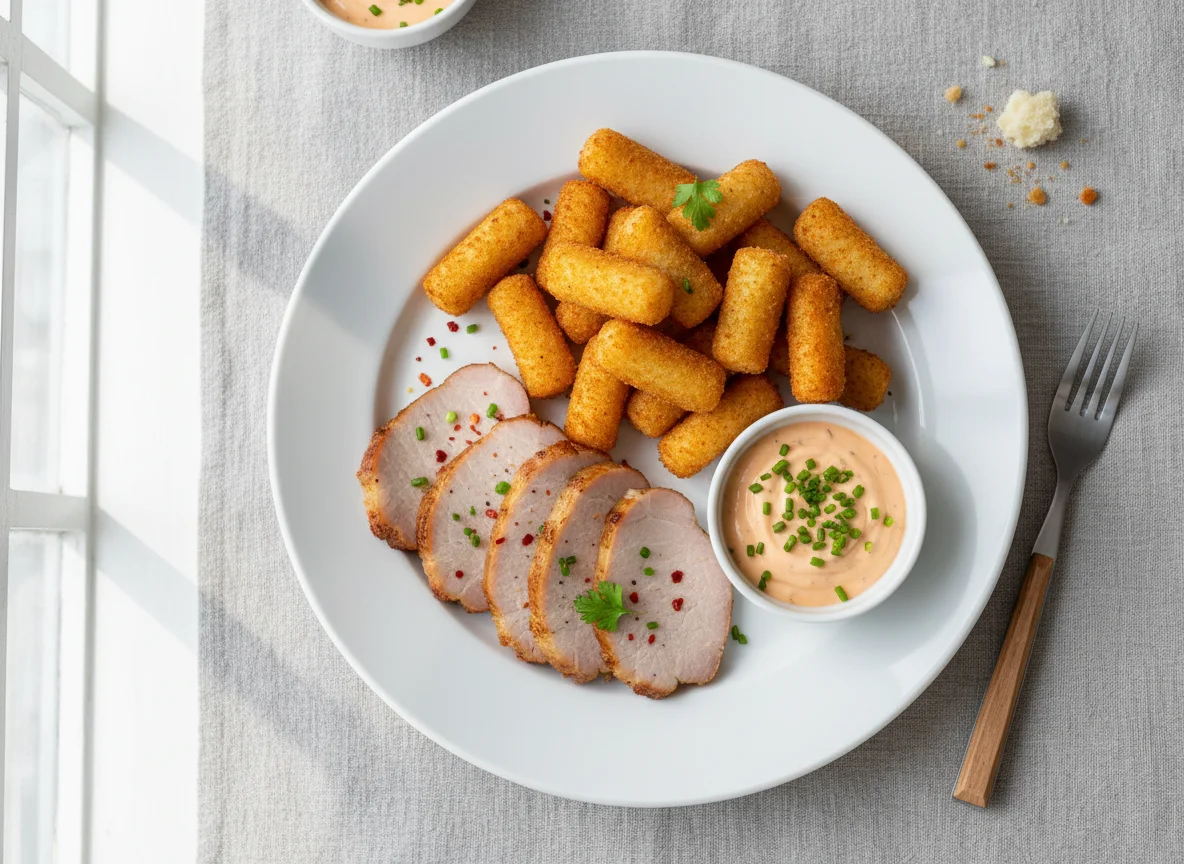 Kassler mit Kroketten und Sauce photo