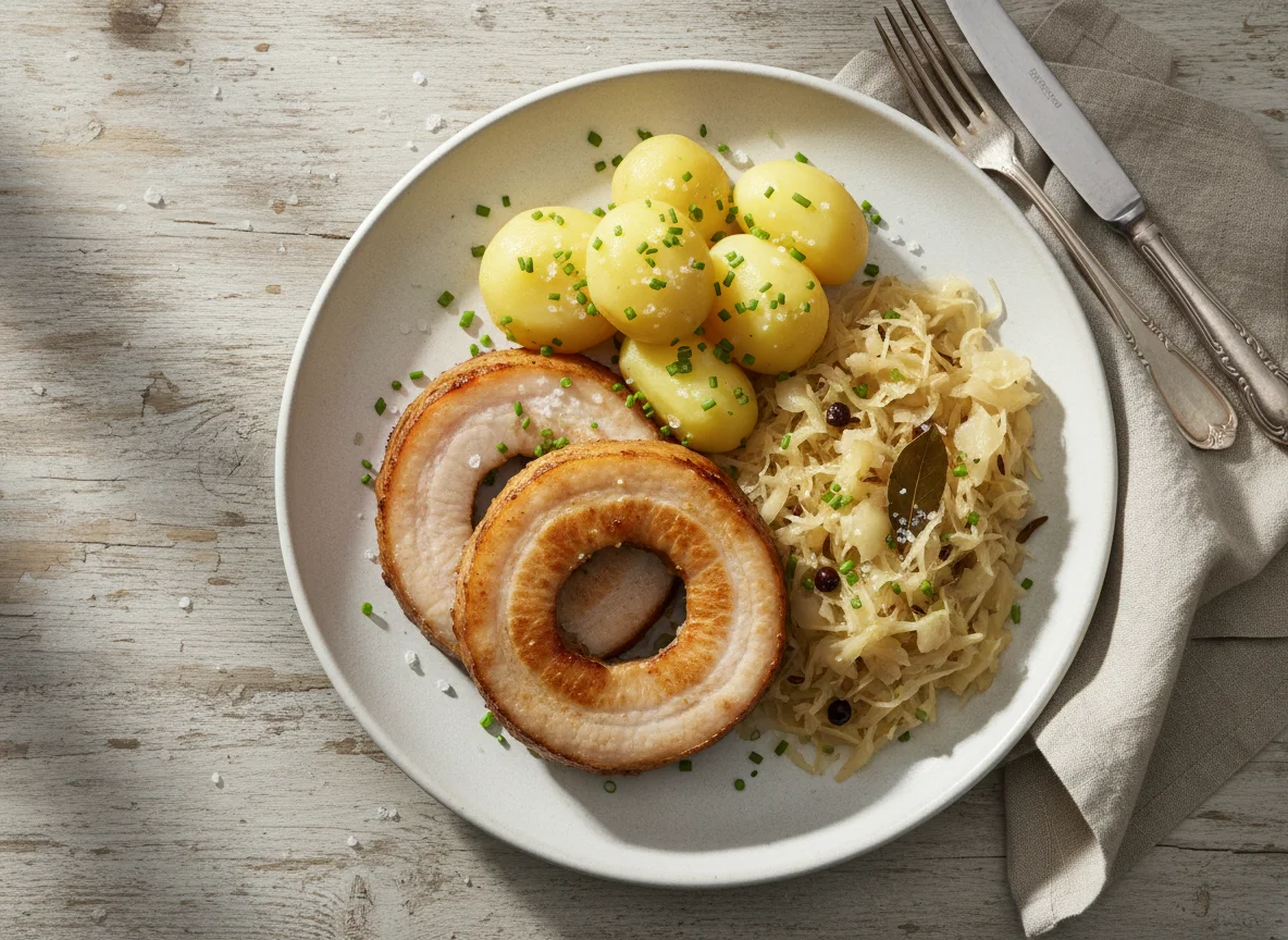 Kassler mit Salzkartoffeln und Sauerkraut photo