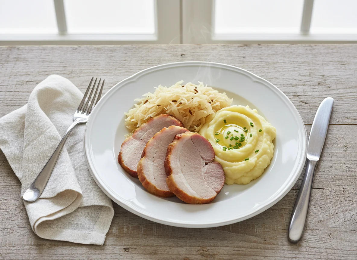 Kassler mit Sauerkraut und Kartoffelbrei photo