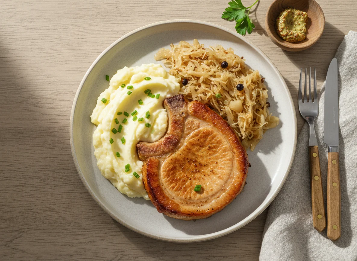 Kassler mit Sauerkraut und Kartoffelpüree photo