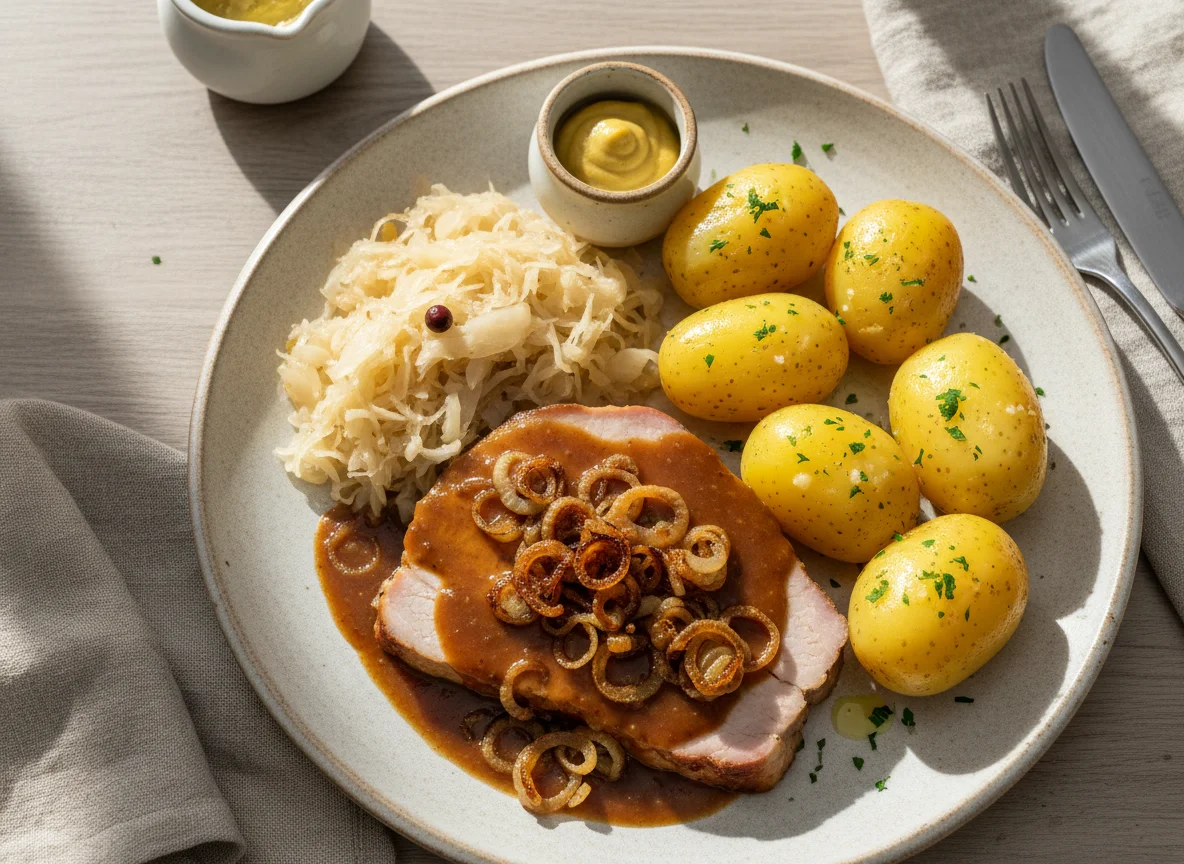 Kassler mit Sauerkraut und Salzkartoffeln photo