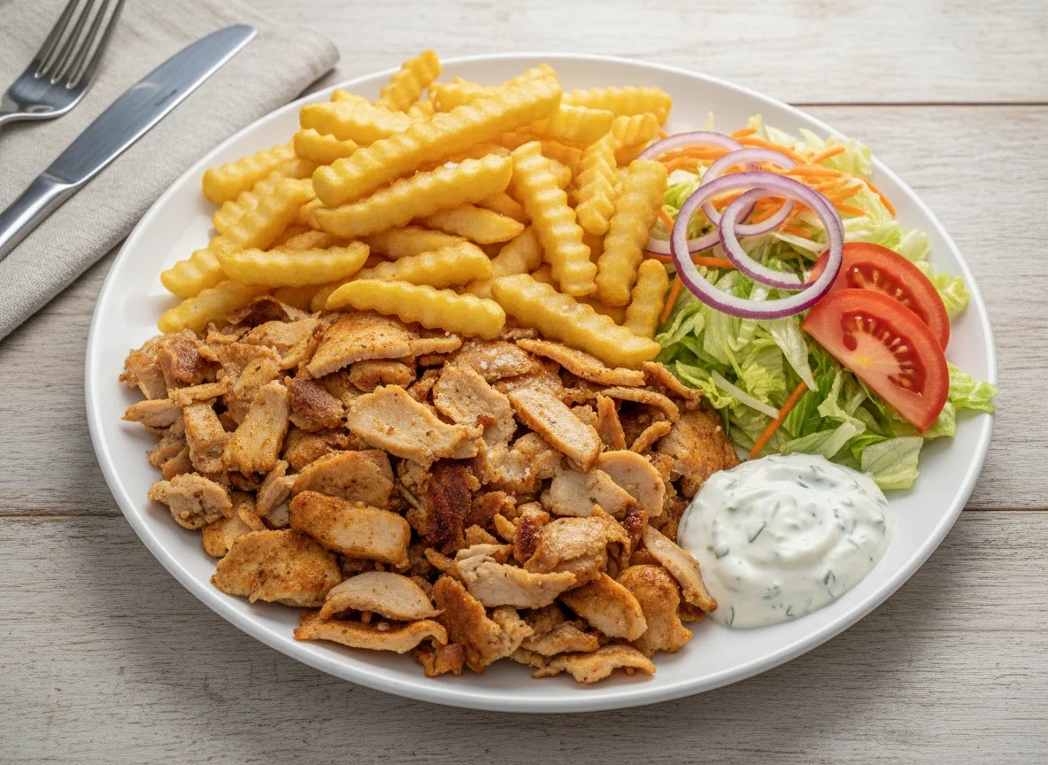 Kebab Teller mit Pommes und Salat photo