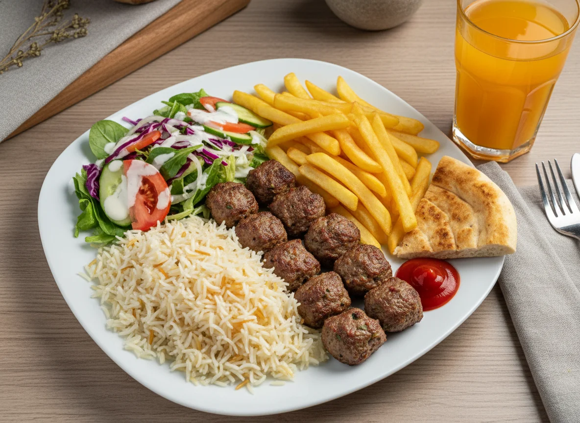 Kebab-Teller mit Reis, Salat und Pommes photo