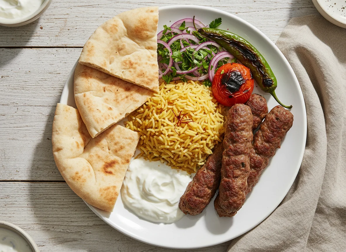 Kebab-Teller mit Reis und Fladenbrot photo