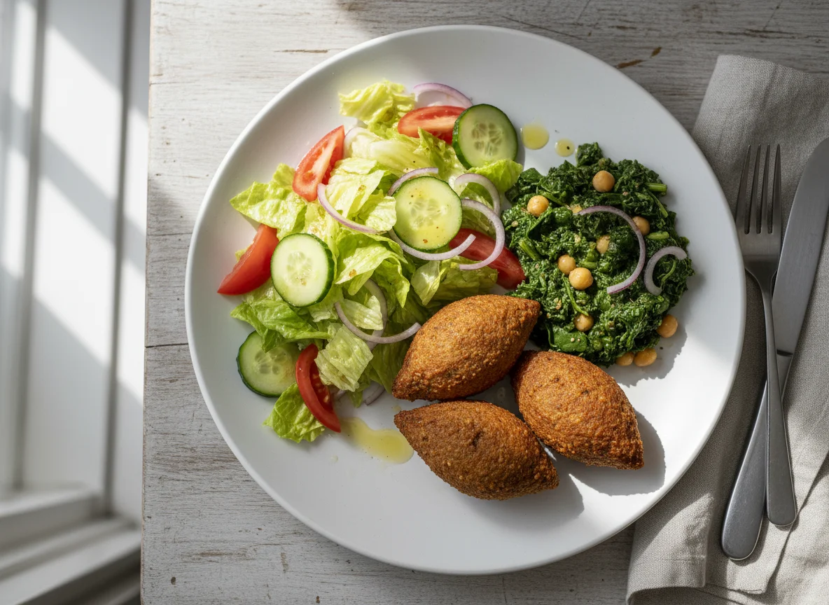 Kibbeh mit Salat und Kichererbsen-Spinat photo