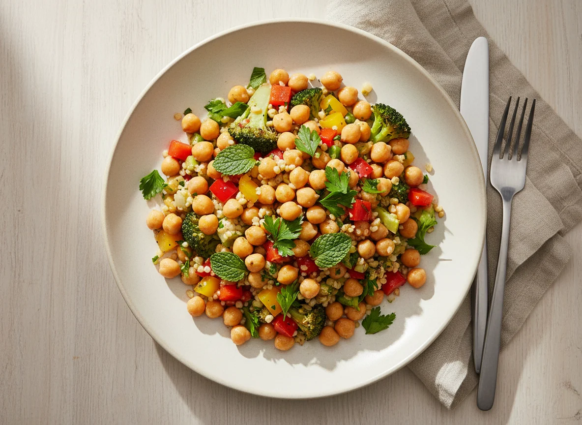 Kichererbsen-Bulgur-Salat mit Brokkoli und Paprika photo