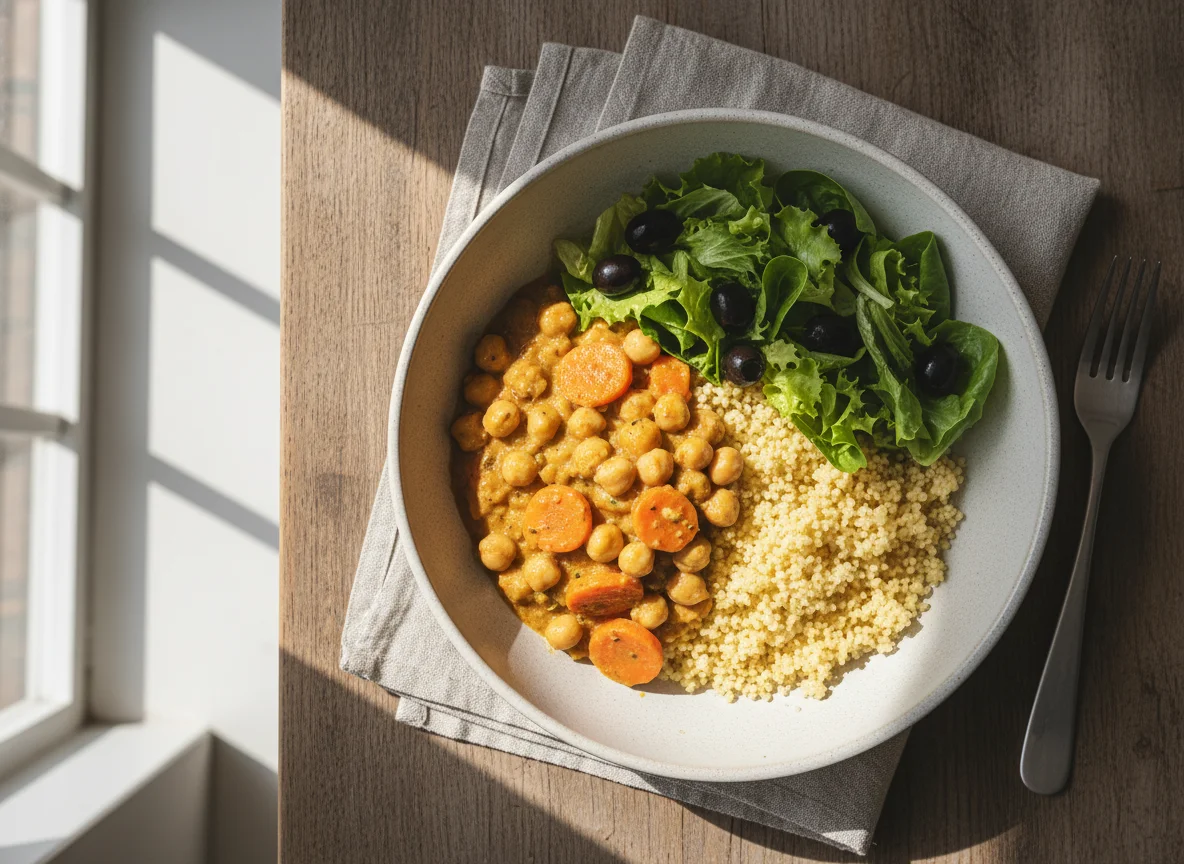 Kichererbsen-Curry mit Couscous und Salat photo