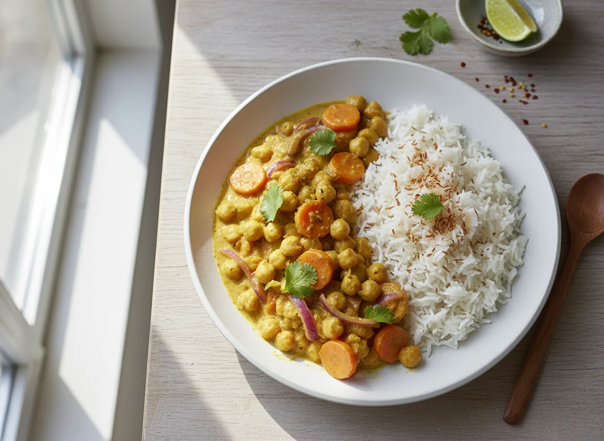 Kichererbsen-Curry mit Reis photo