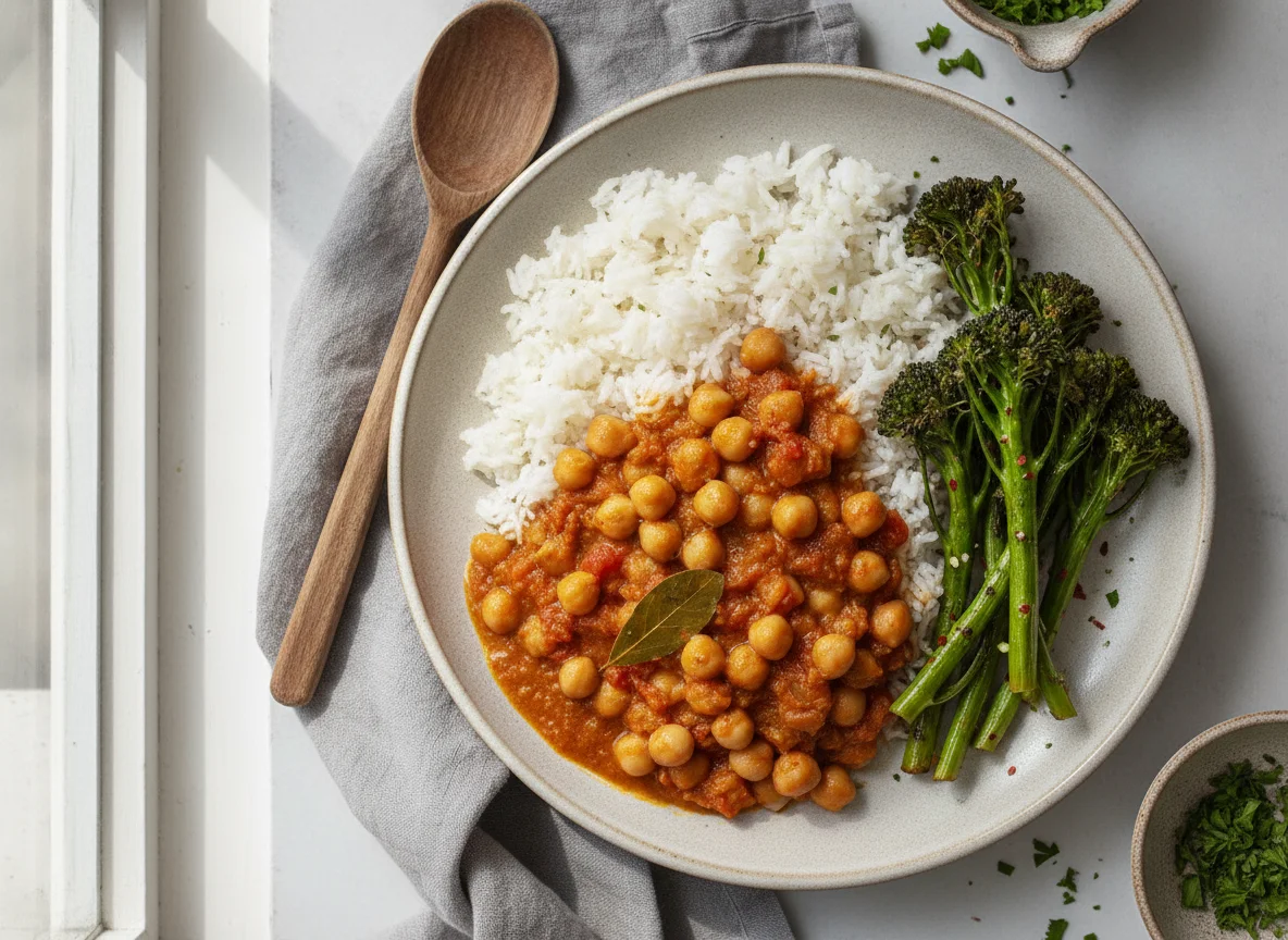 Kichererbsen-Curry mit Reis und Brokkoli photo
