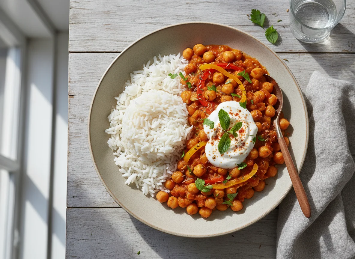 Kichererbsen-Curry mit Reis und Joghurt photo