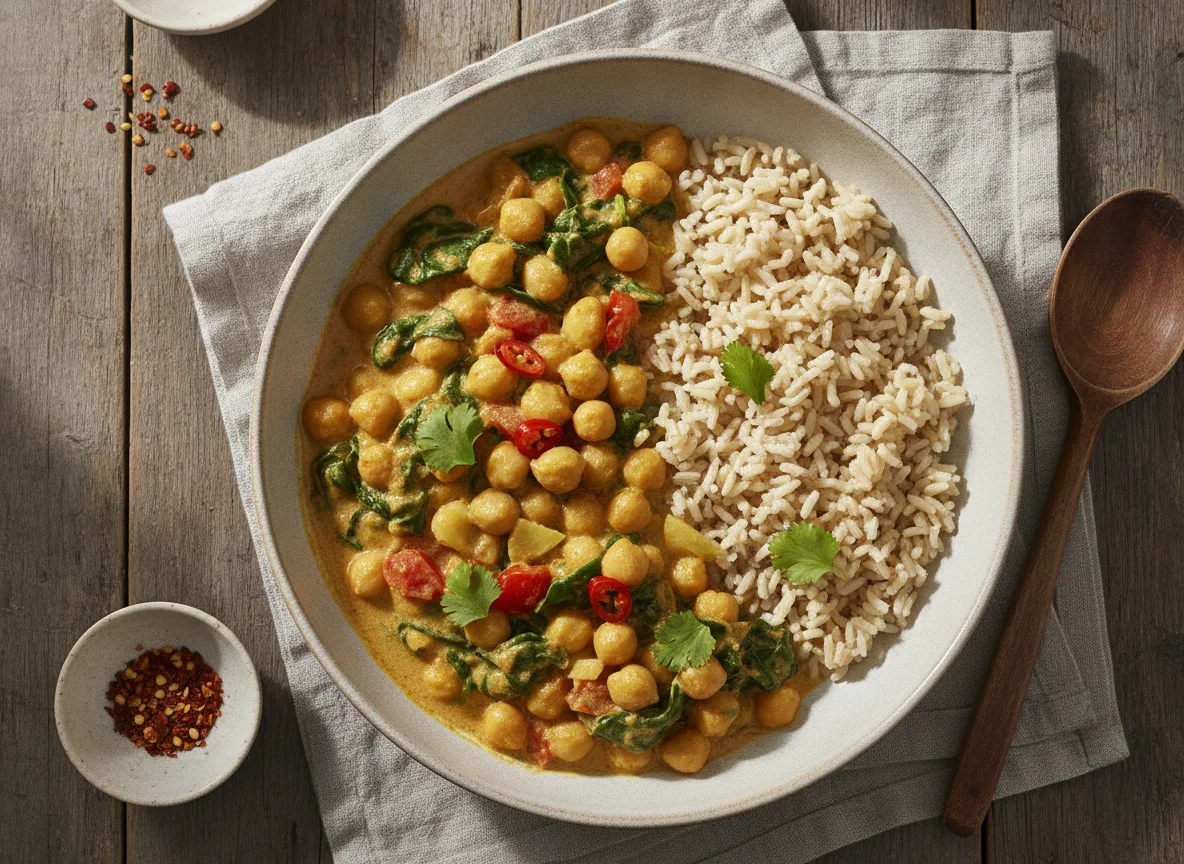 Kichererbsen-Curry mit Vollkornreis photo