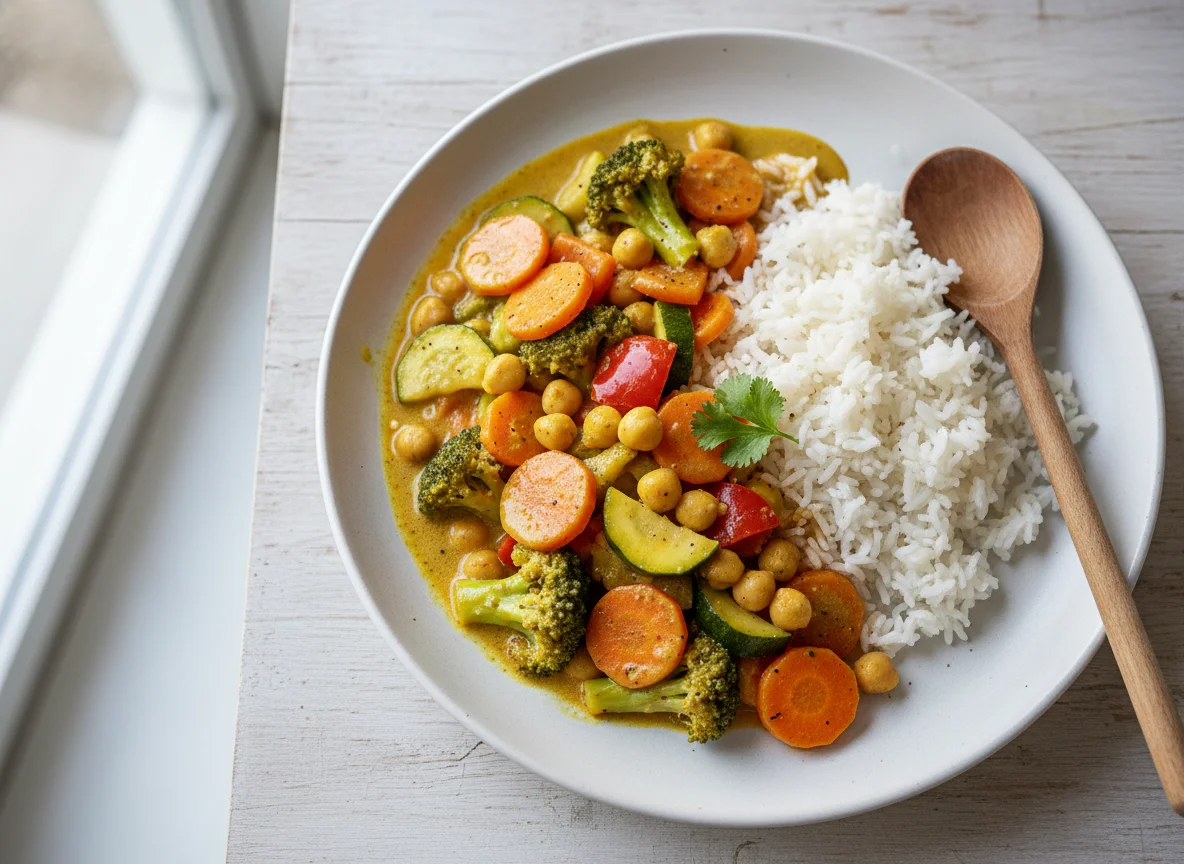 Kichererbsen-Gemüse-Curry mit Reis photo