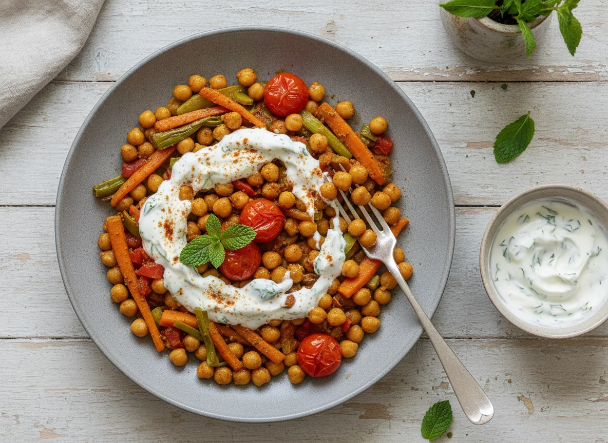 Kichererbsen-Gemüse-Pfanne mit Joghurt-Dressing photo
