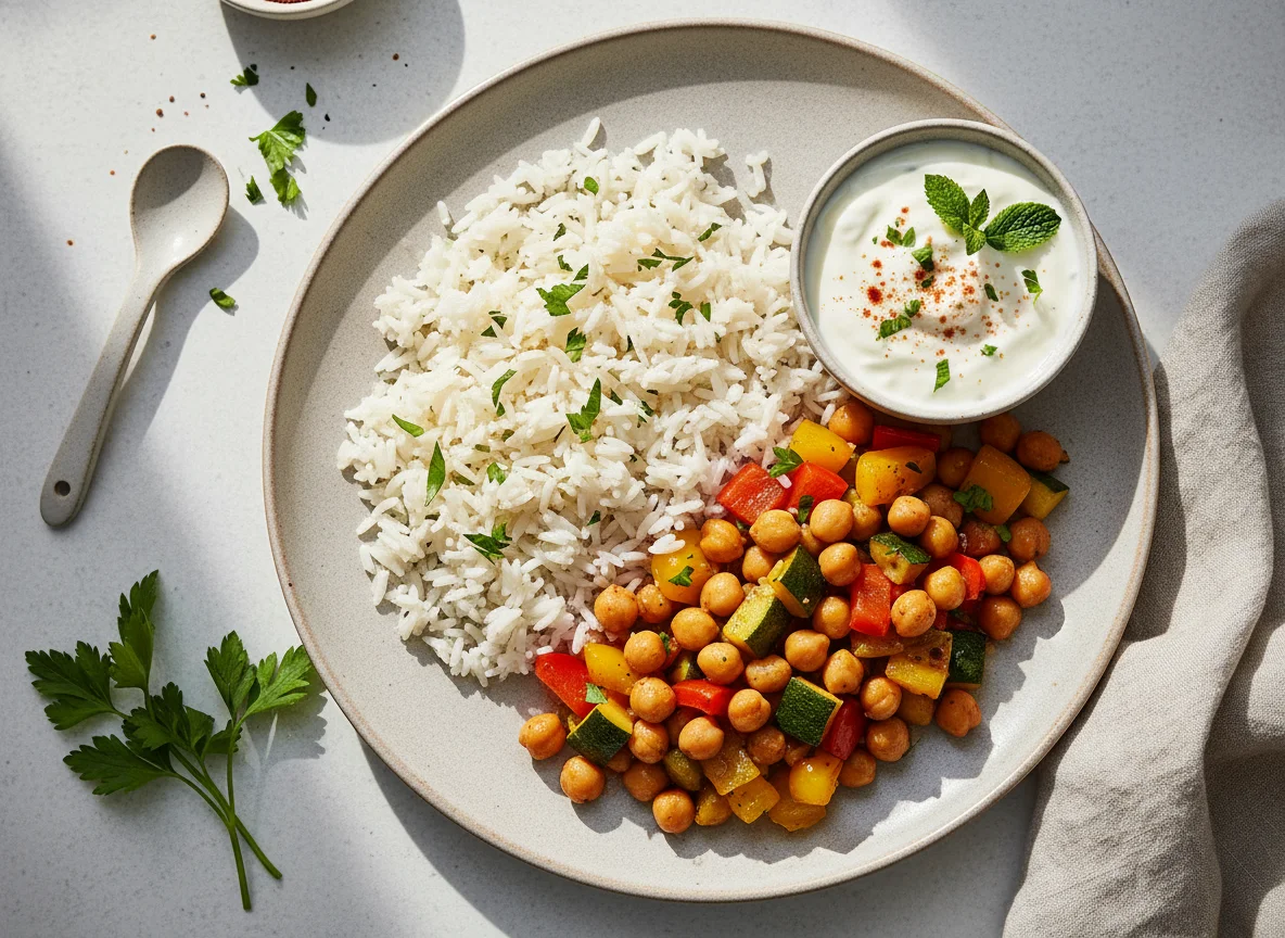 Kichererbsen-Gemüse-Pfanne mit Reis und Dip photo