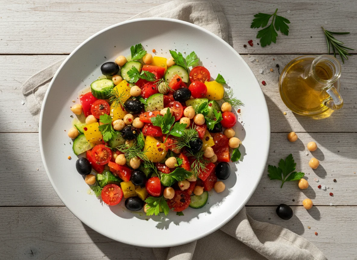 Kichererbsen-Gemüse-Salat mit Oliven photo