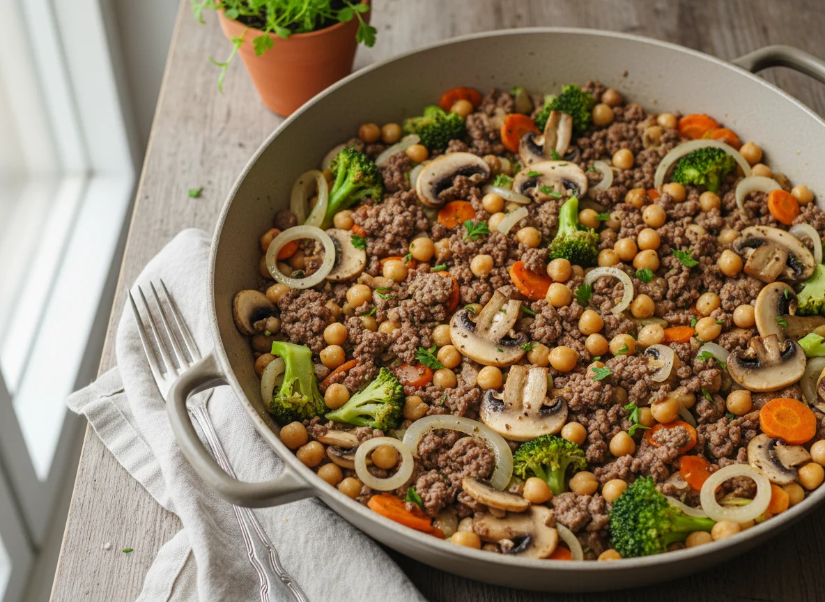 Kichererbsen-Hackfleisch-Pfanne mit Pilzen und Brokkoli photo
