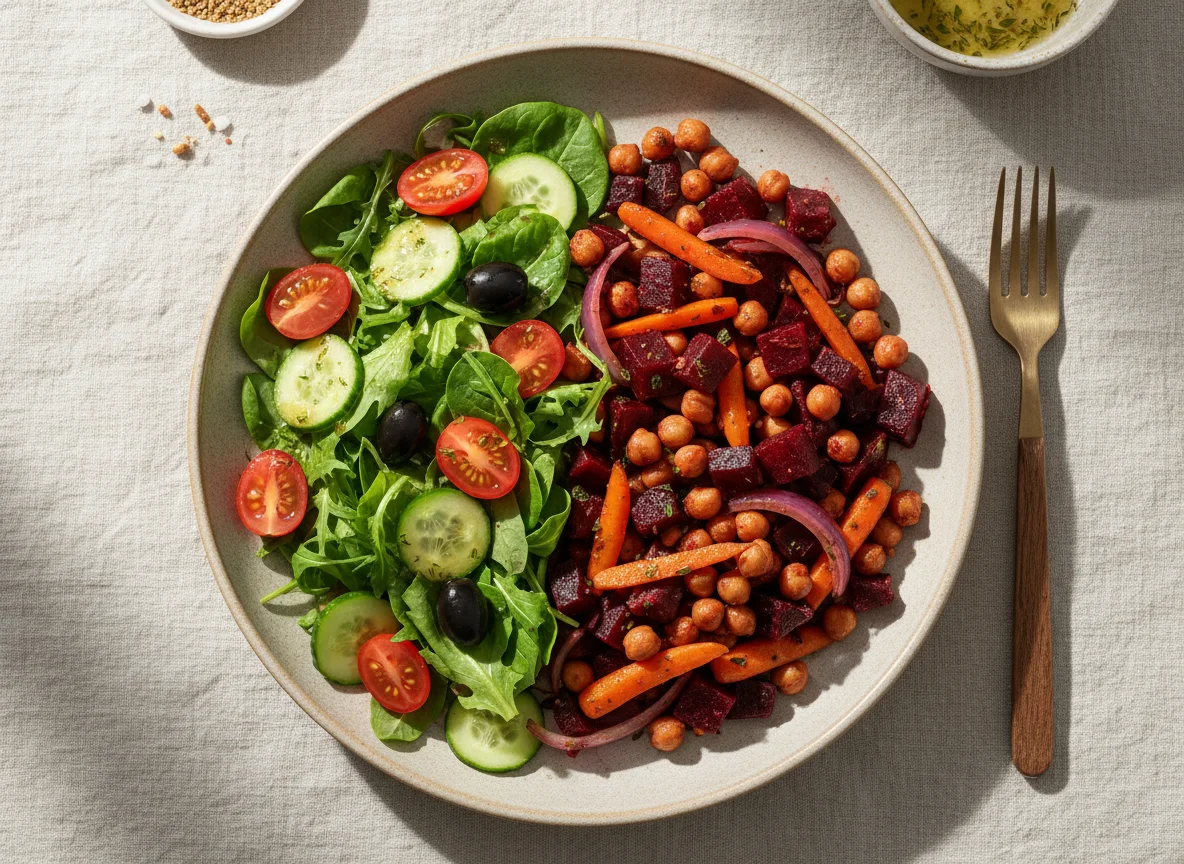 Kichererbsen-Rote-Bete-Pfanne mit Salat photo