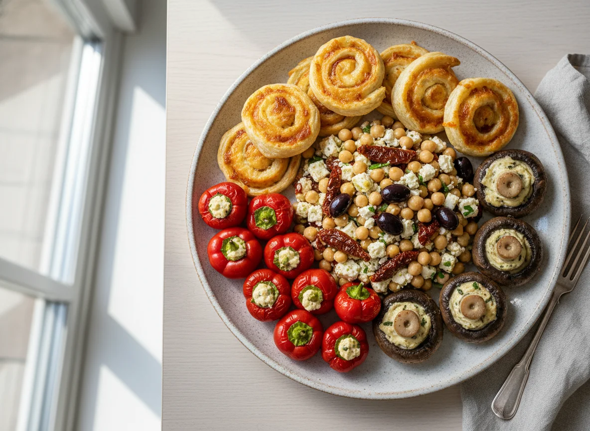 Kichererbsensalat mit Feta, gefüllten Paprika und Blätterteiggebäck photo