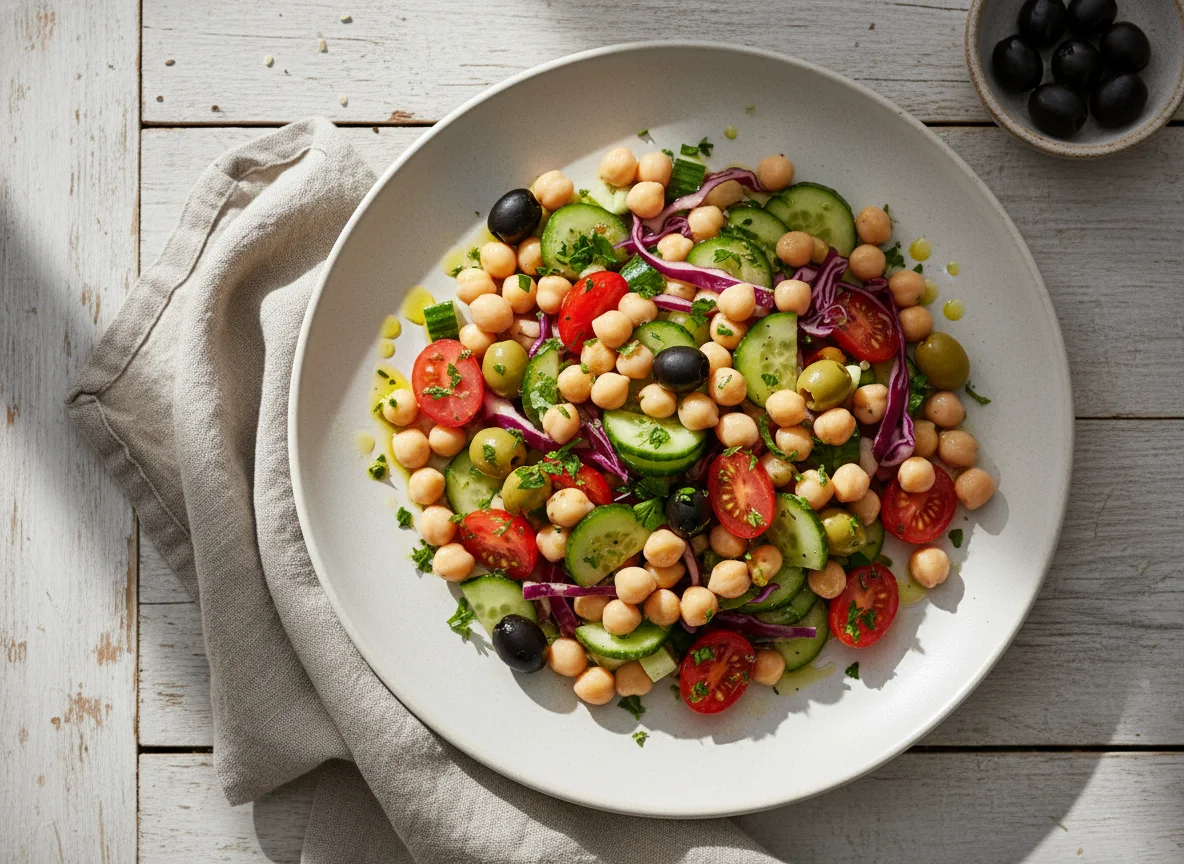 Kichererbsen-Salat mit Gemüse und Oliven photo