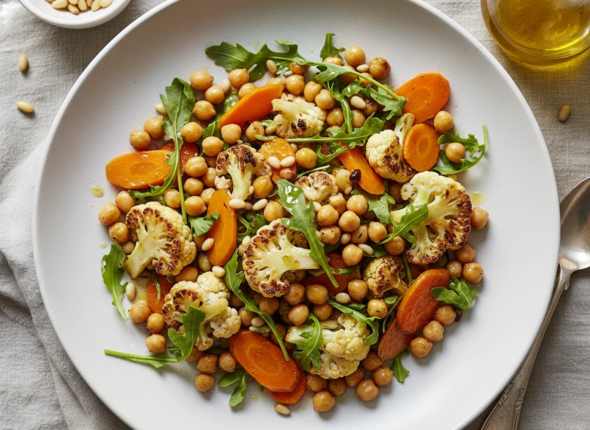 Kichererbsensalat mit geröstetem Blumenkohl und Karotten photo