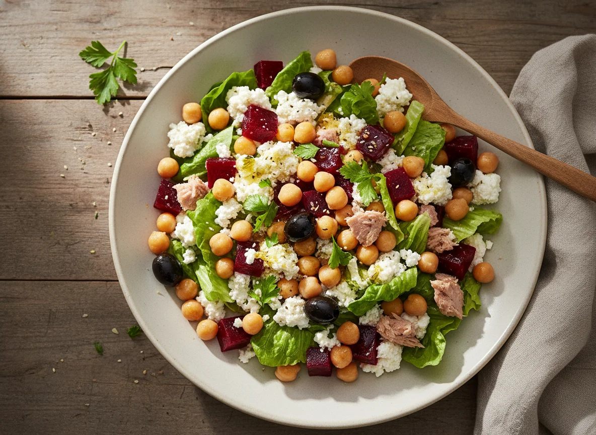 Kichererbsensalat mit körnigem Frischkäse und Roter Bete photo